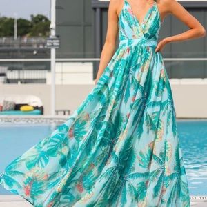 GORGEOUS! Turquoise and tropical print maxi dress.